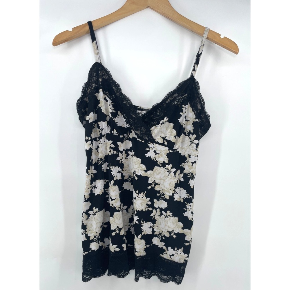 Vtg Y2K Floral Cami Tank L Whimsigoth Fairy Grunge Feminine Babydoll Lace Trim